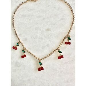Sweet and juicy red color cherry rhinestone statement charm necklace